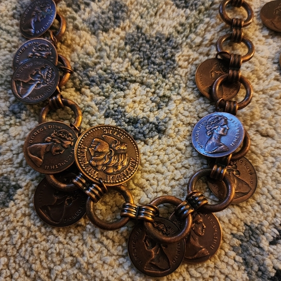 Vintage Copper Tone Foriegn Coin Charm Statement Necklace Bracelet Set Roman EUC - Picture 9 of 11